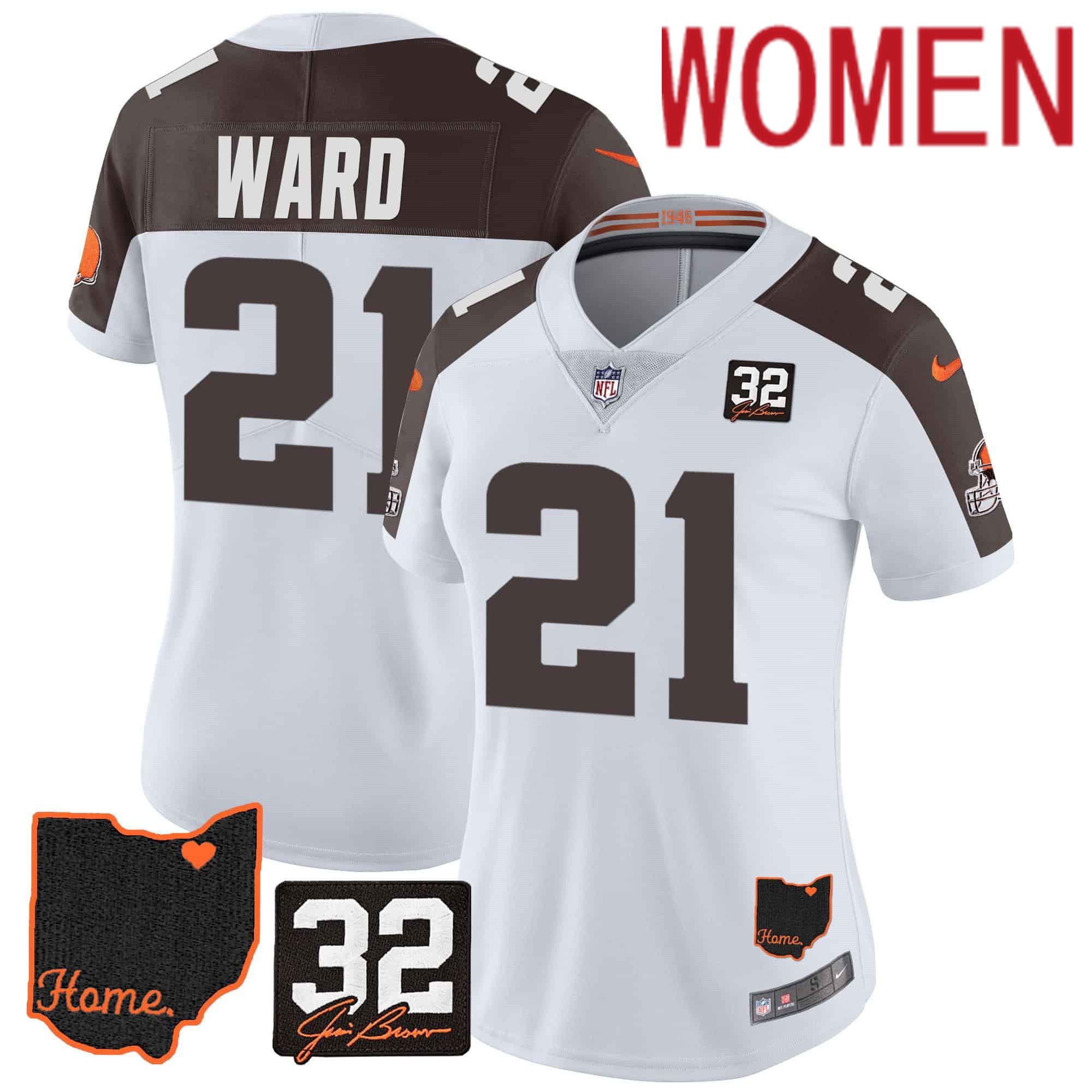 Women Cleveland Browns #21 Ward White Memorial Home Patch 2024 Nike NFL Jersey style 1